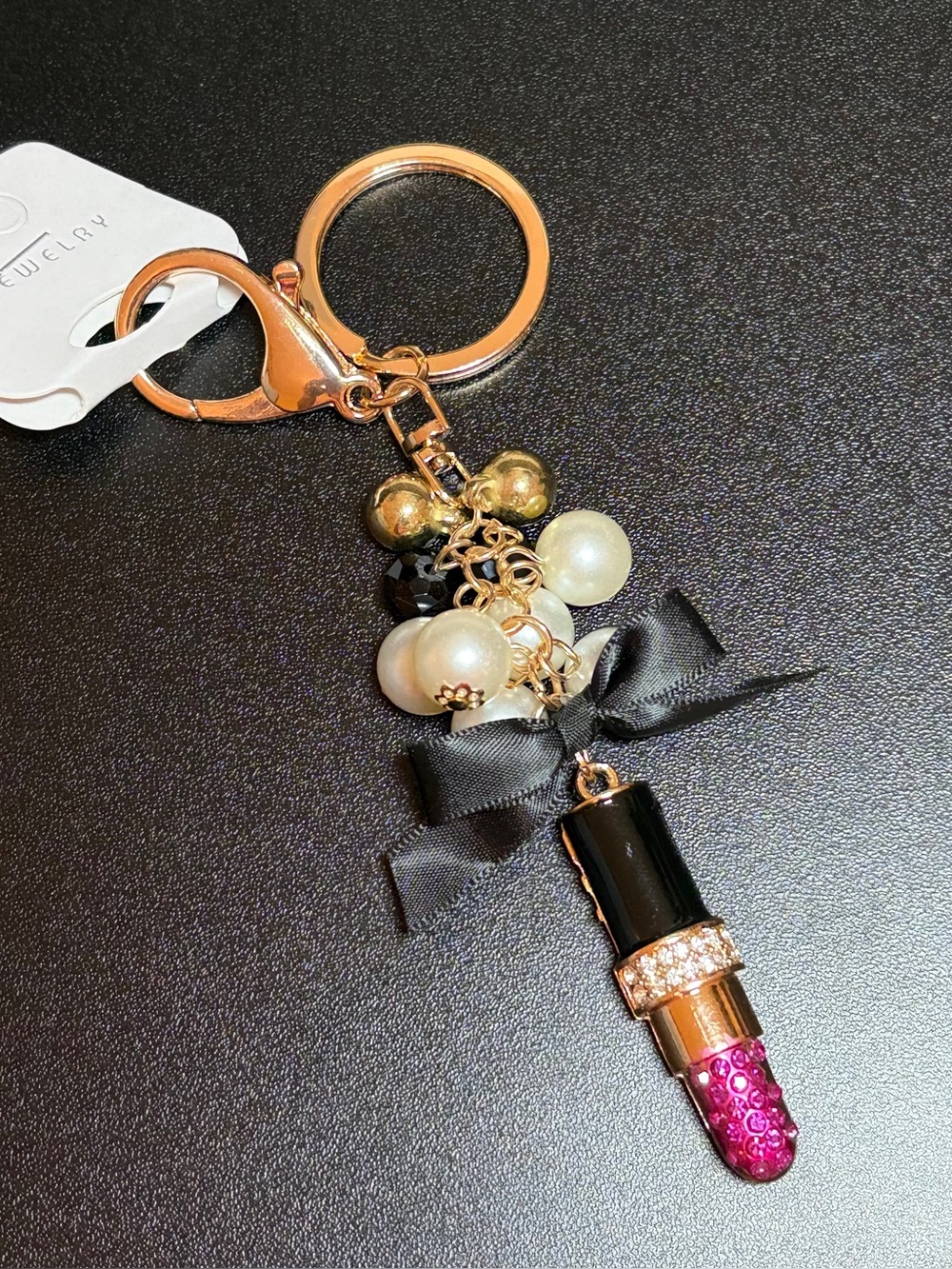 Gold & Black Lipstick Charm Keychain with Pink Accent